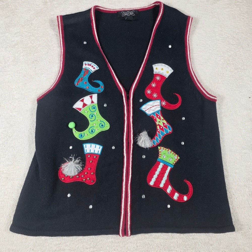 Crystal Kobe Christmas Stocking Sweater Vest Womens Large Black Zip Festive